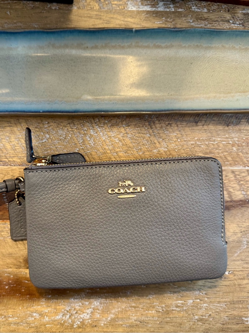 Coach Double Zip Wristlet Heather Grey Pebble Leather 6649 NWT